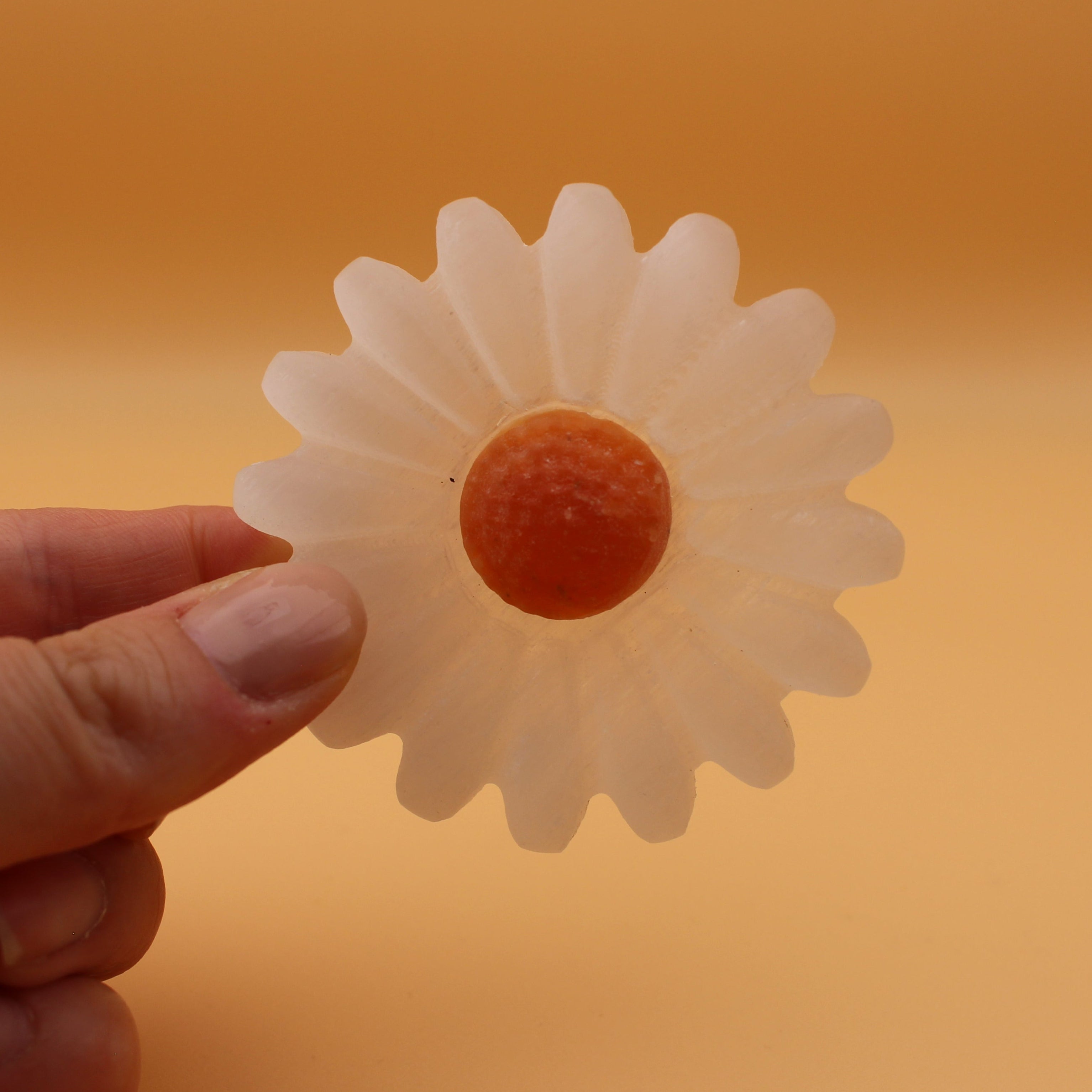 Selenit-Gänseblümchen mit orangefarbenem Calcit – Symbol für Reinheit & Lebensfreude